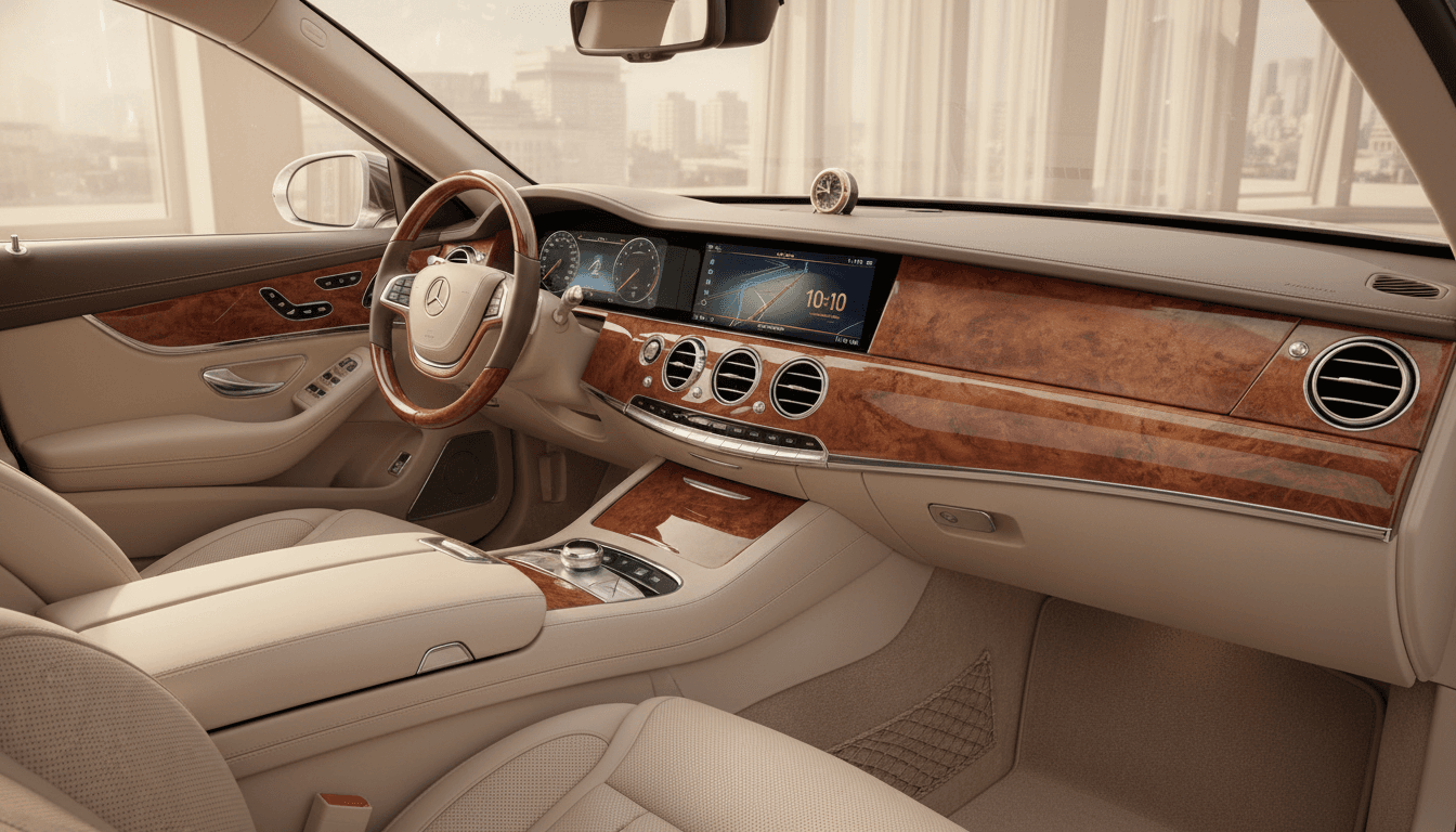 Luxury car interior with polished wood and leather
